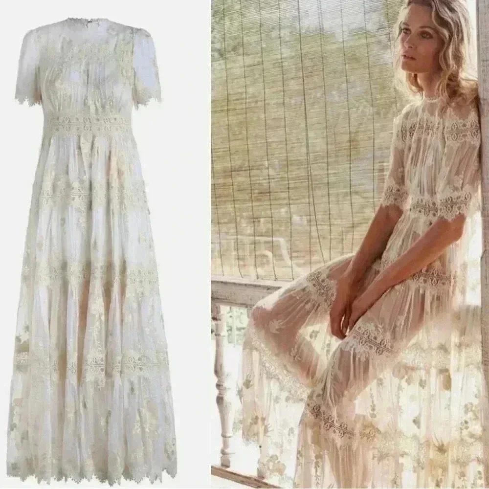 Zimmermann Ivory Lace Maxi Dress Gown Embroidered Silk Antique Bridal Wedding 1